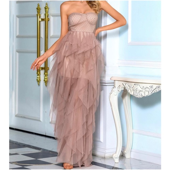 Boho Nude Pink mesh ruffle maxi dress wedding Prom - Picture 6 of 8